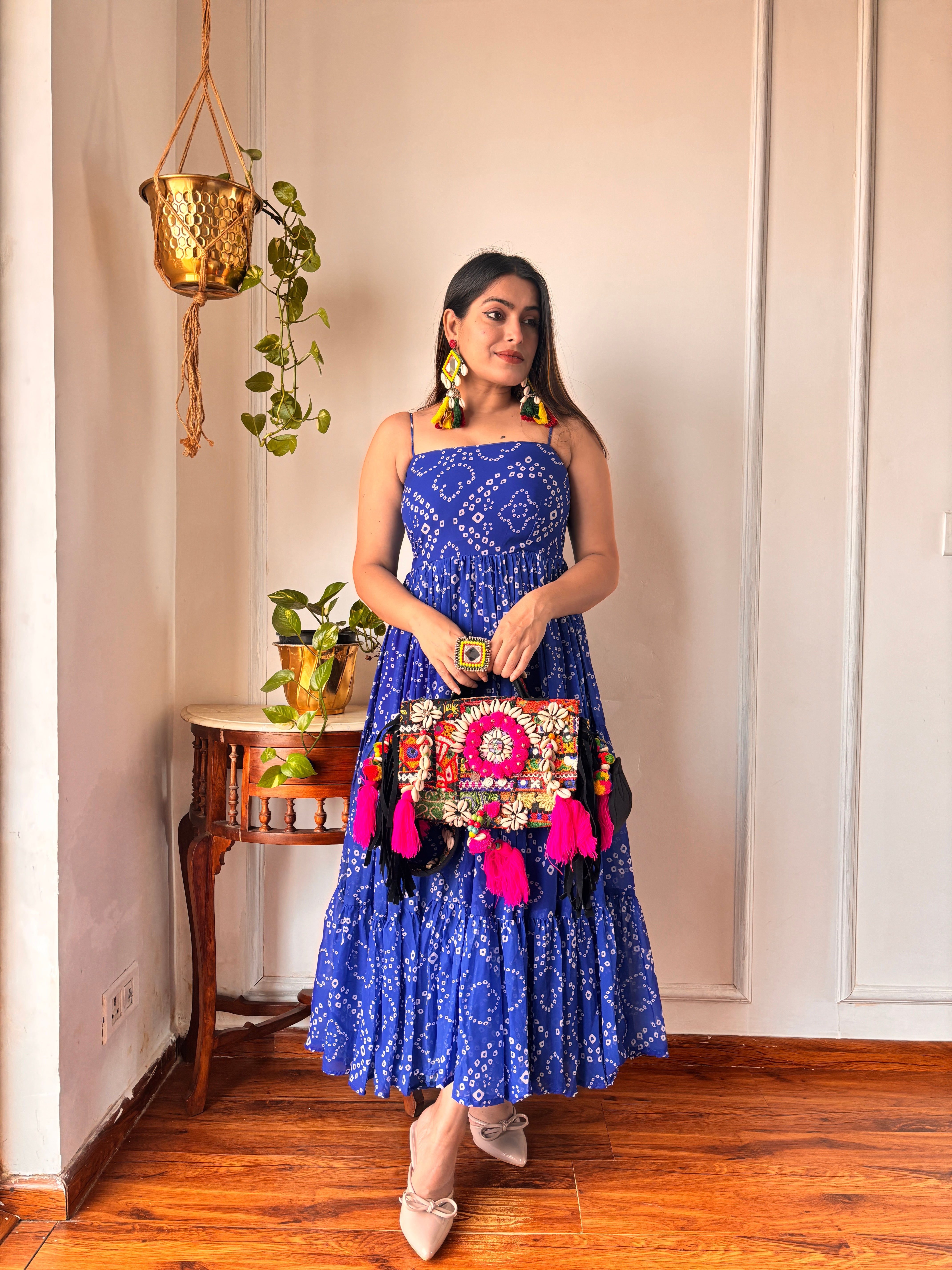 BLUE GORGETTE STRAPPY DRESS