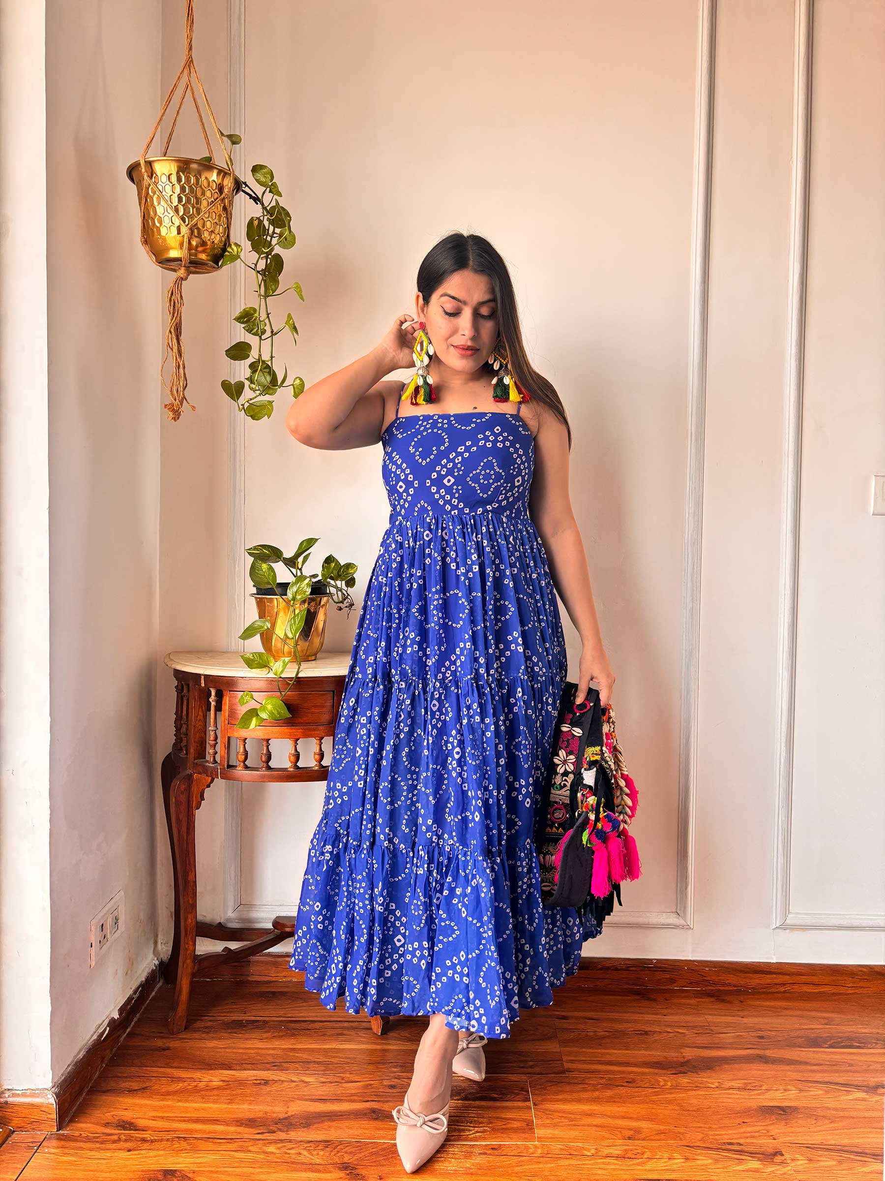 BLUE GORGETTE STRAPPY DRESS