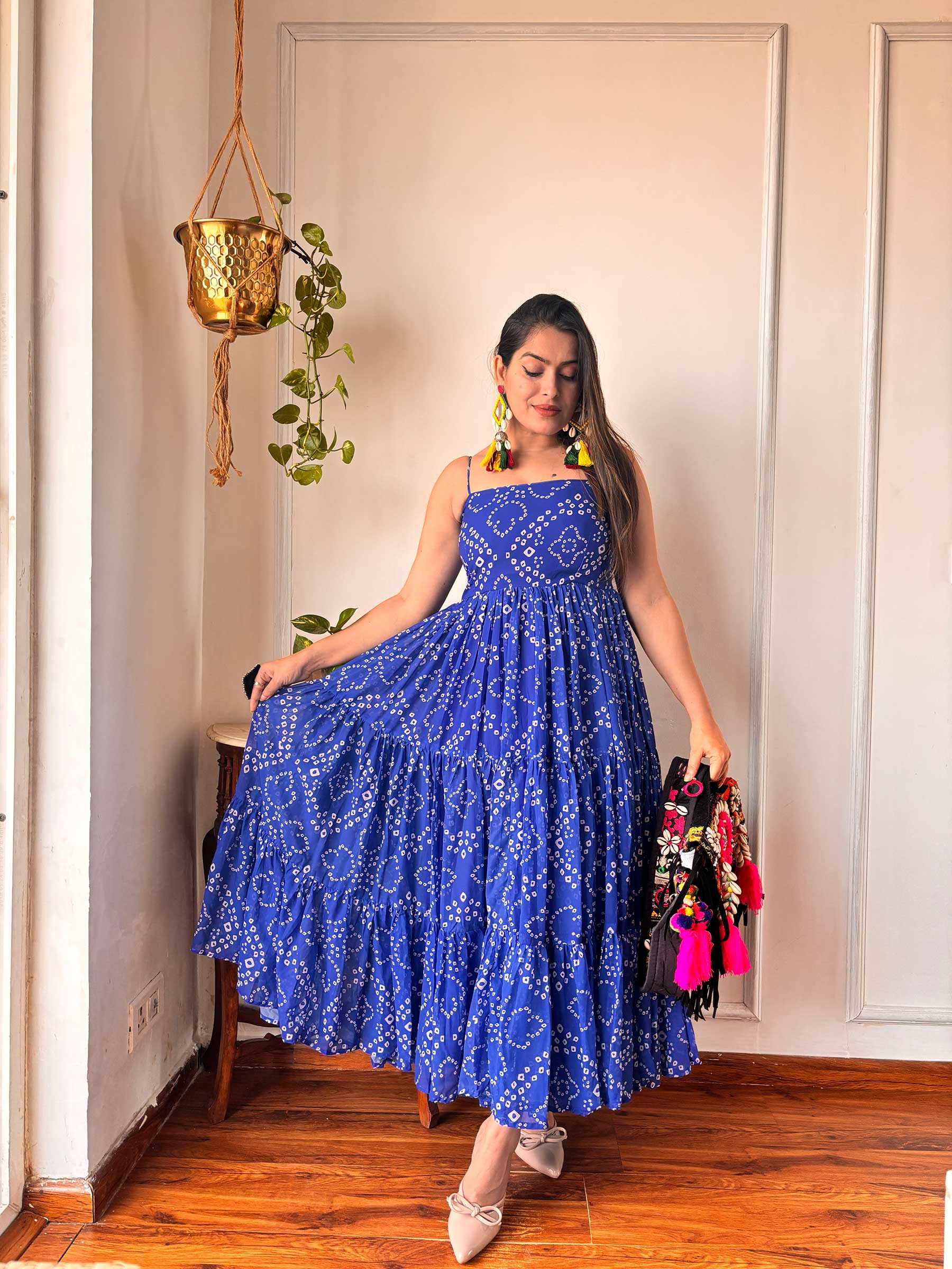 BLUE GORGETTE STRAPPY DRESS