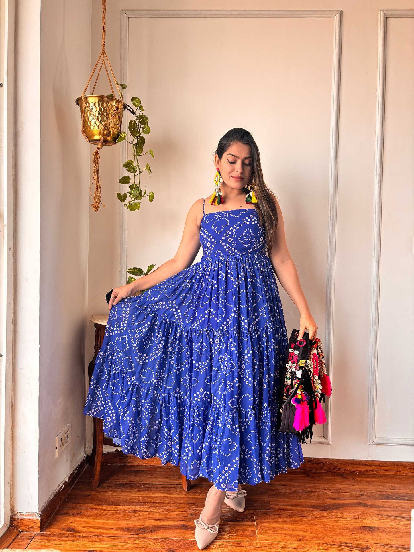 BLUE GORGETTE STRAPPY DRESS