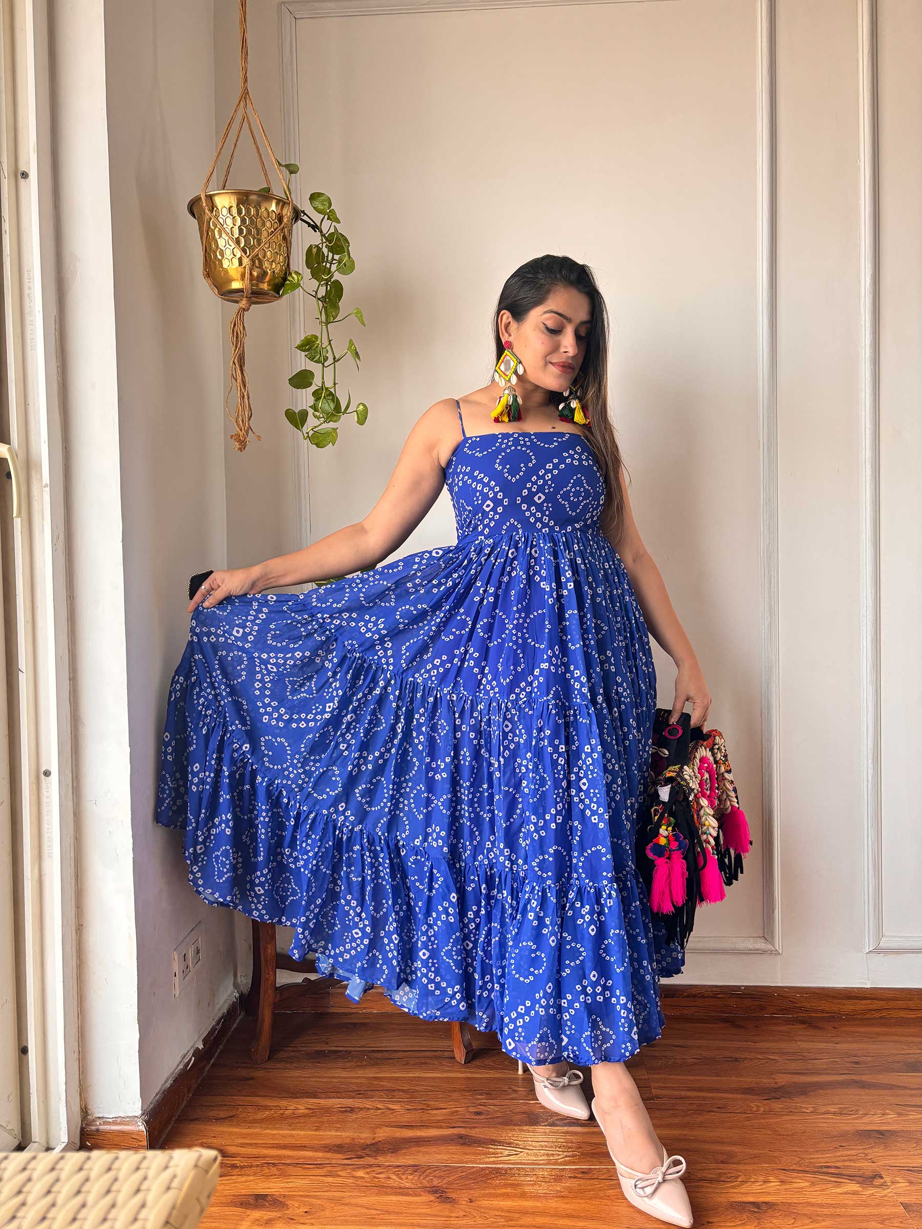 BLUE GORGETTE STRAPPY DRESS