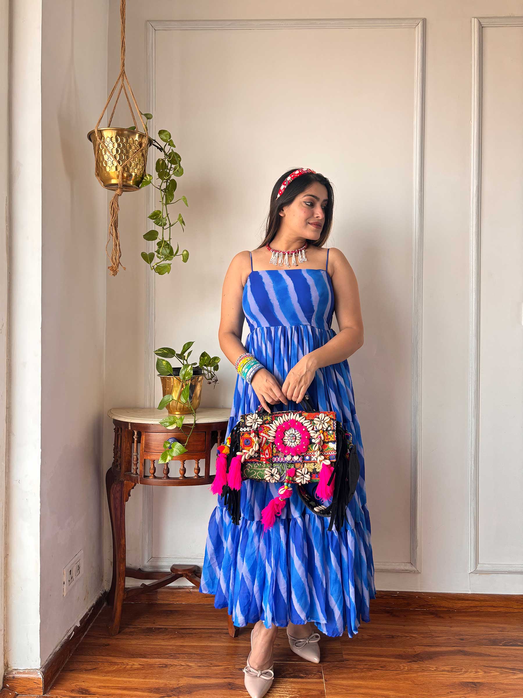 BLUE LAHARIYA GORGETTE DRESS