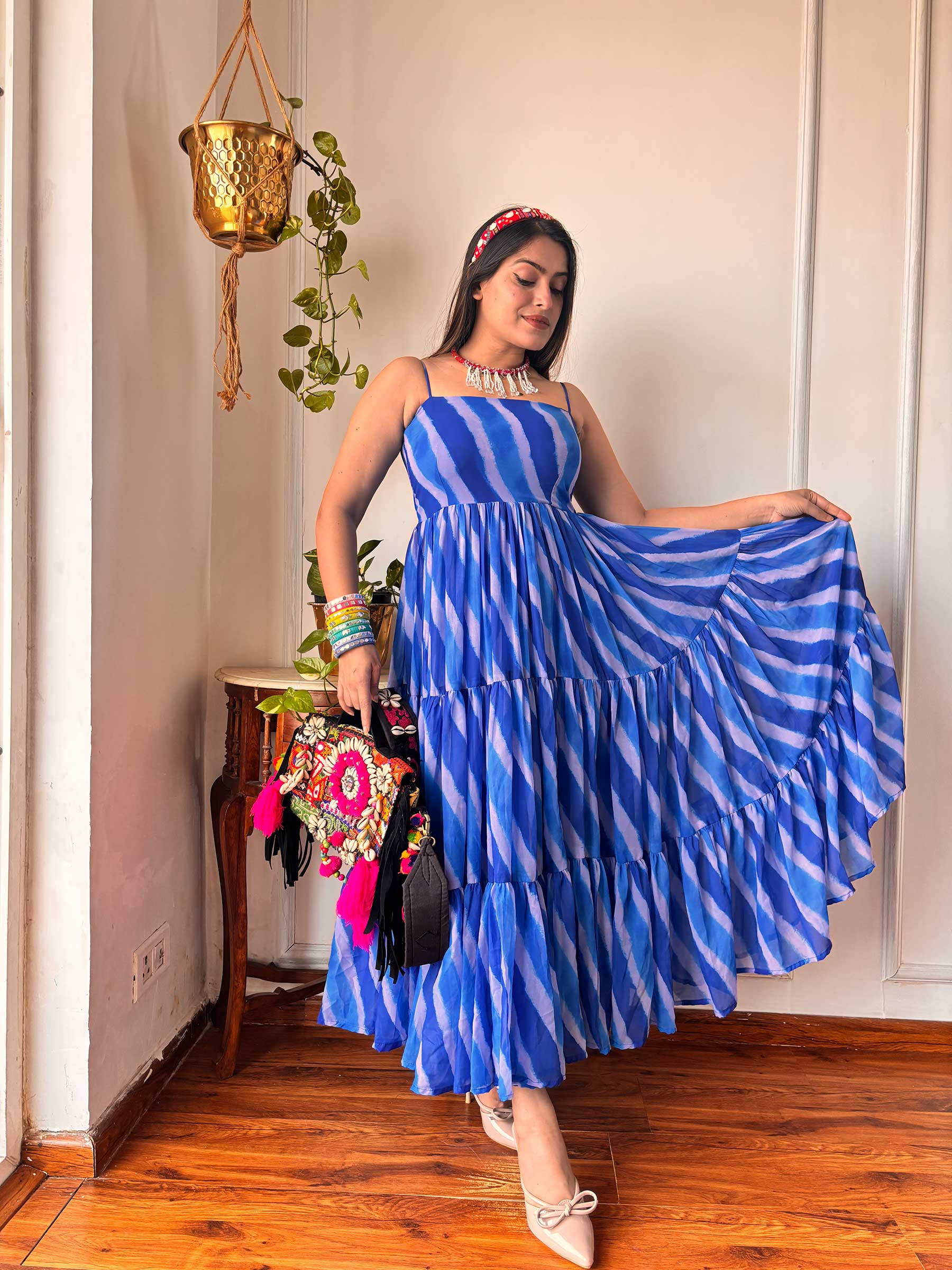 BLUE LAHARIYA GORGETTE DRESS