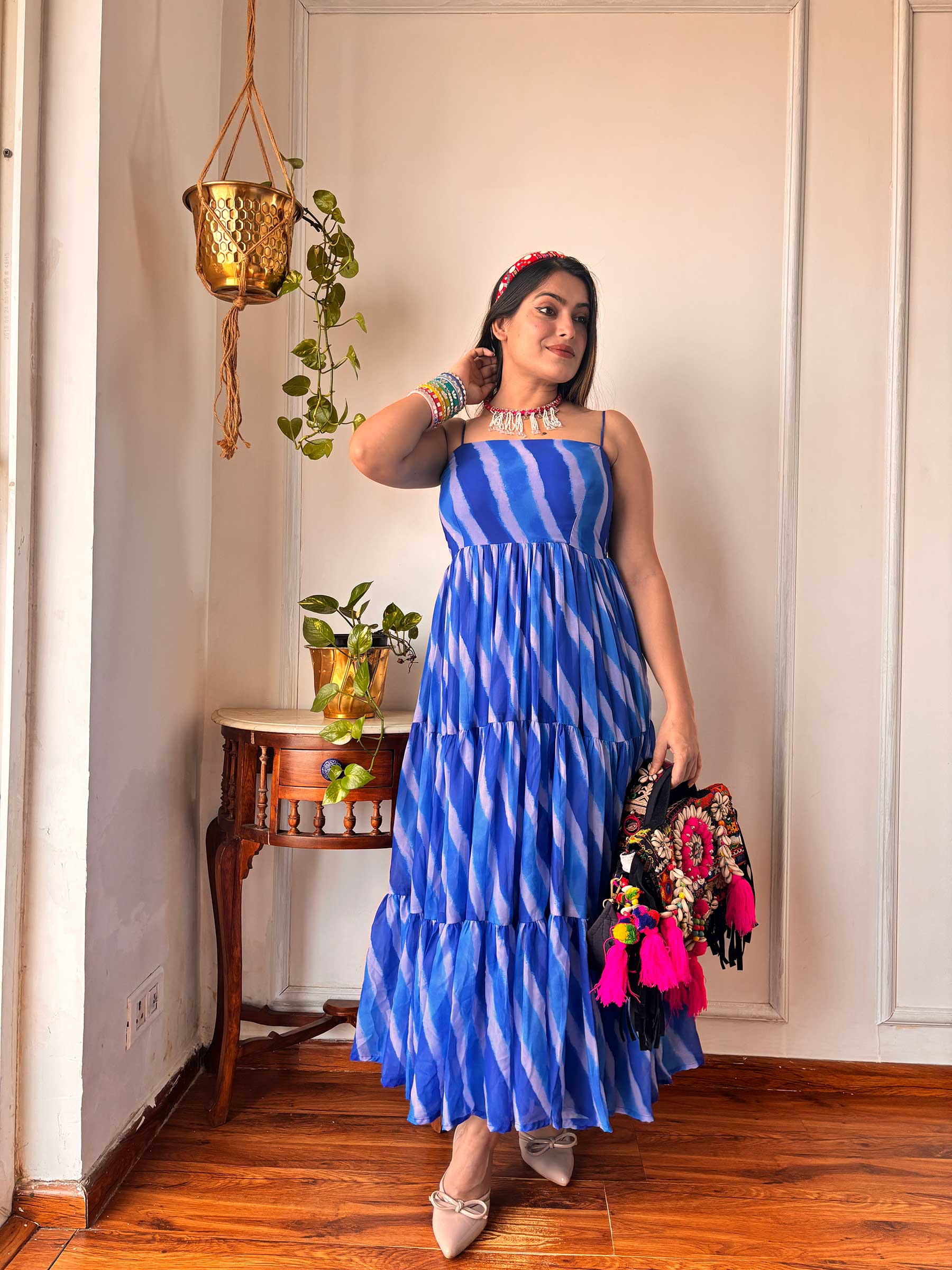 BLUE LAHARIYA GORGETTE DRESS