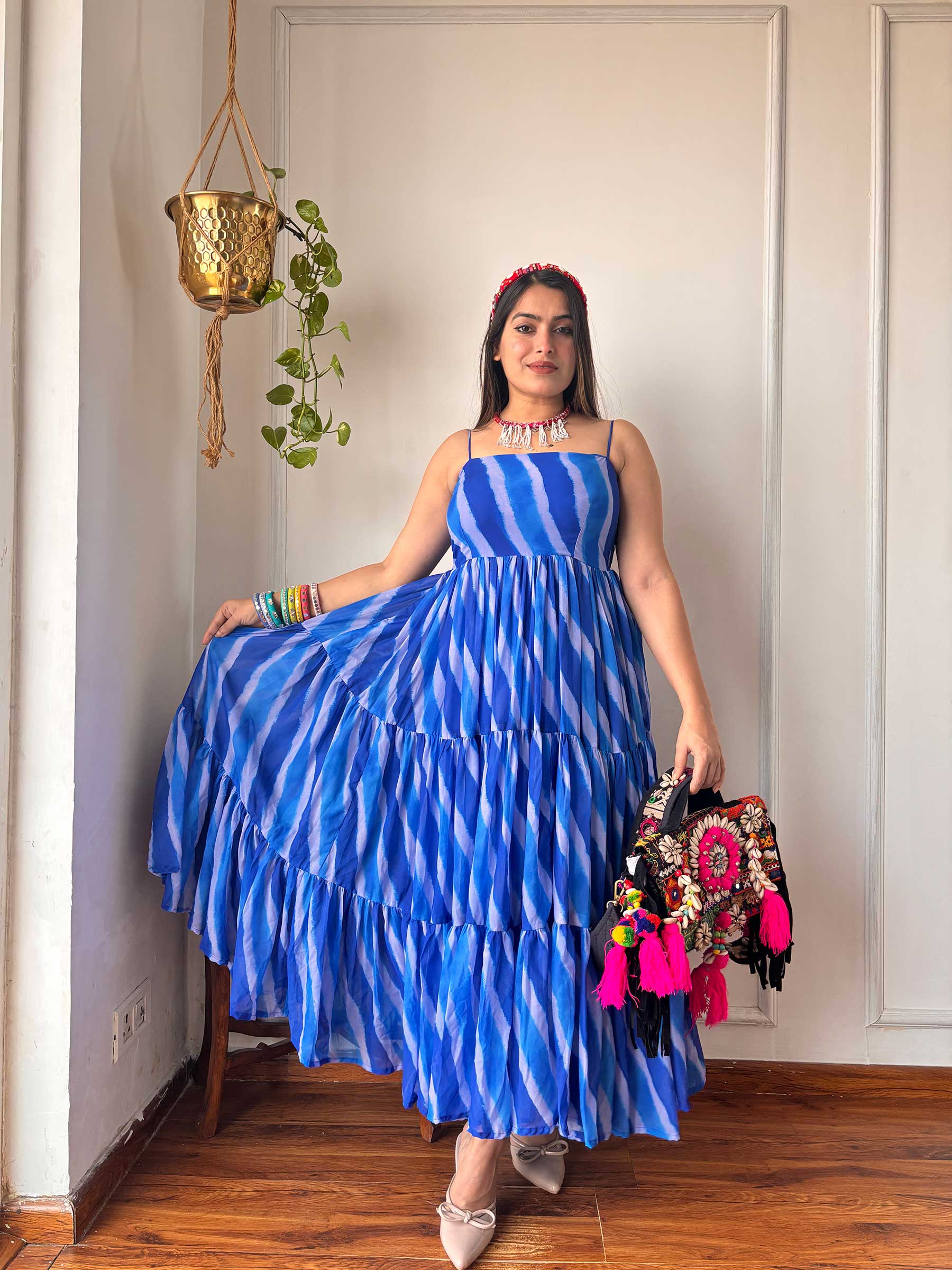 BLUE LAHARIYA GORGETTE DRESS