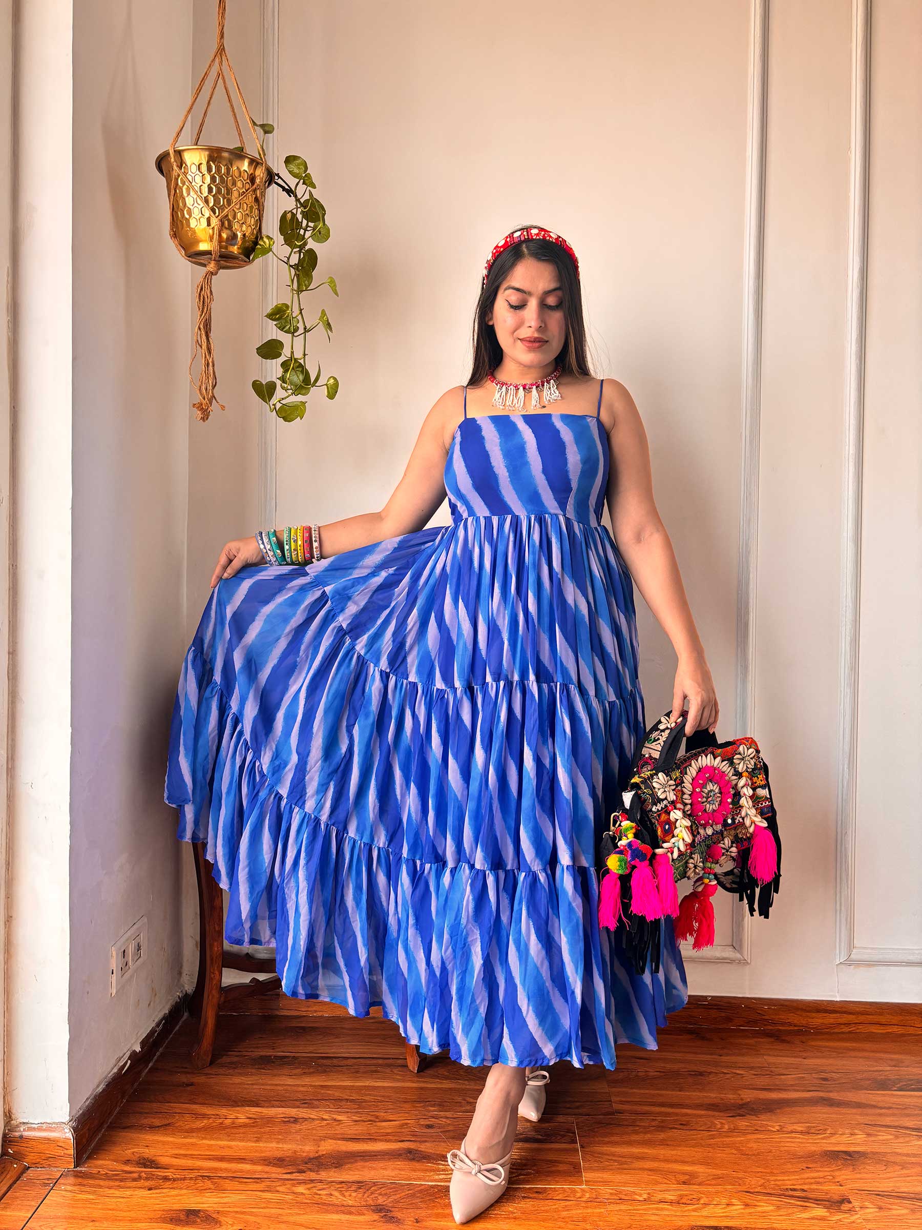 BLUE LAHARIYA GORGETTE DRESS