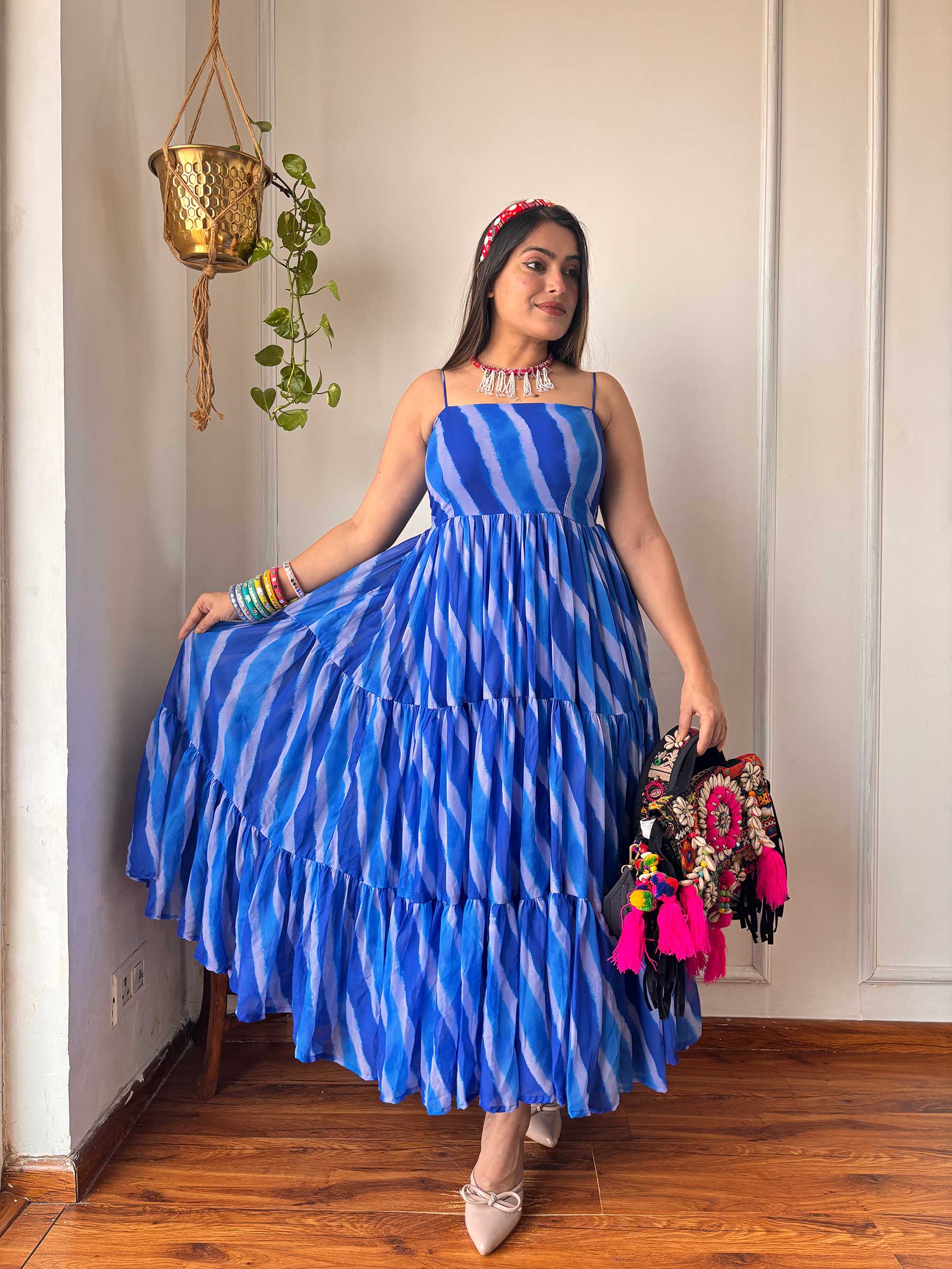 BLUE LAHARIYA GORGETTE DRESS