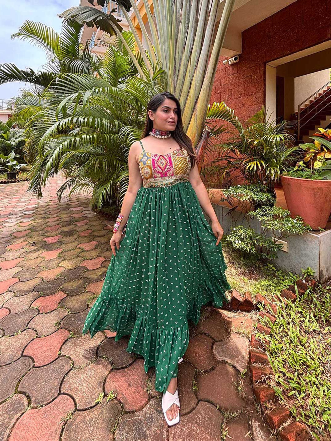 Green Bandhni Maxi Dress