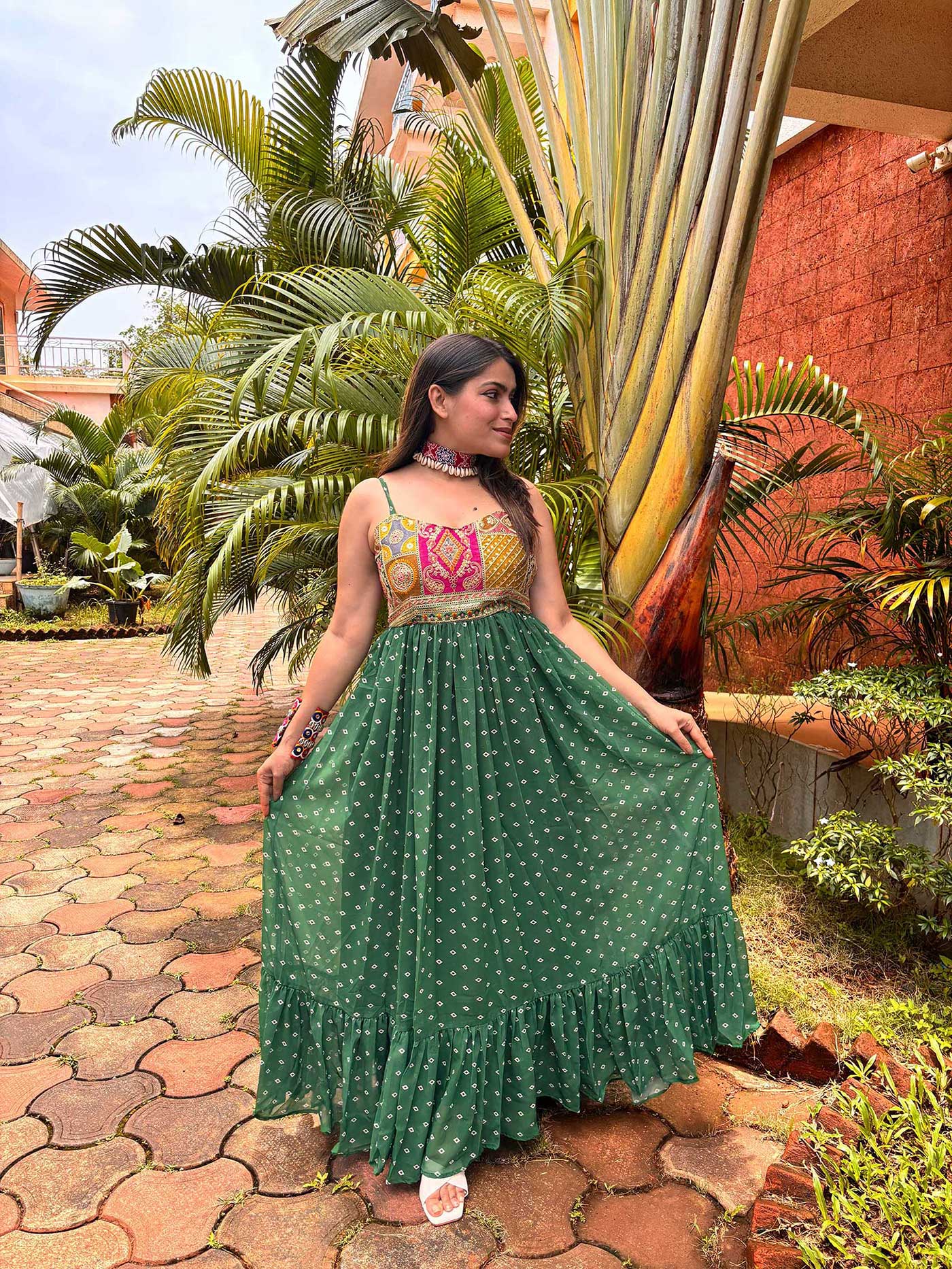 Green Bandhni Maxi Dress