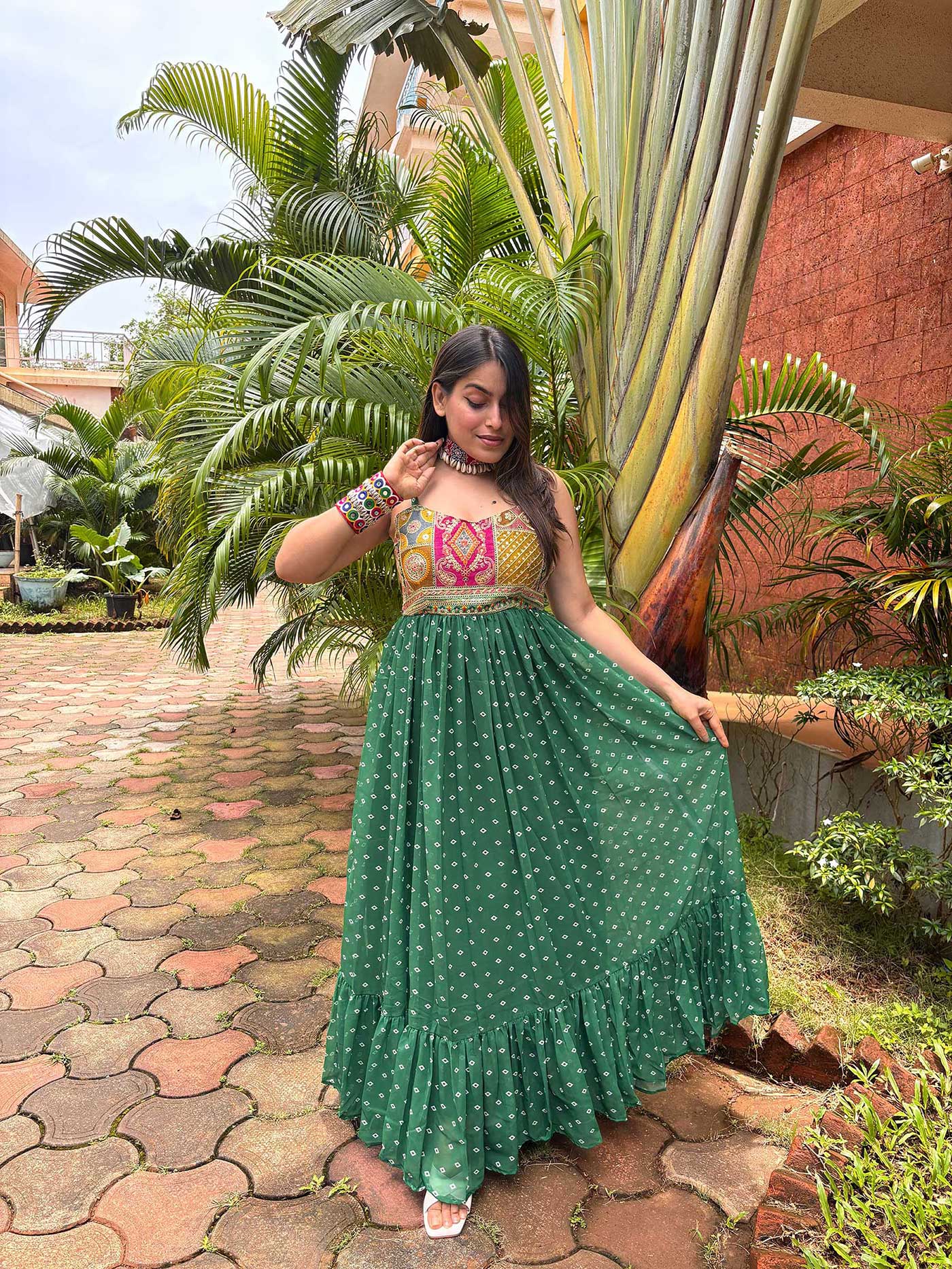 Green Bandhni Maxi Dress