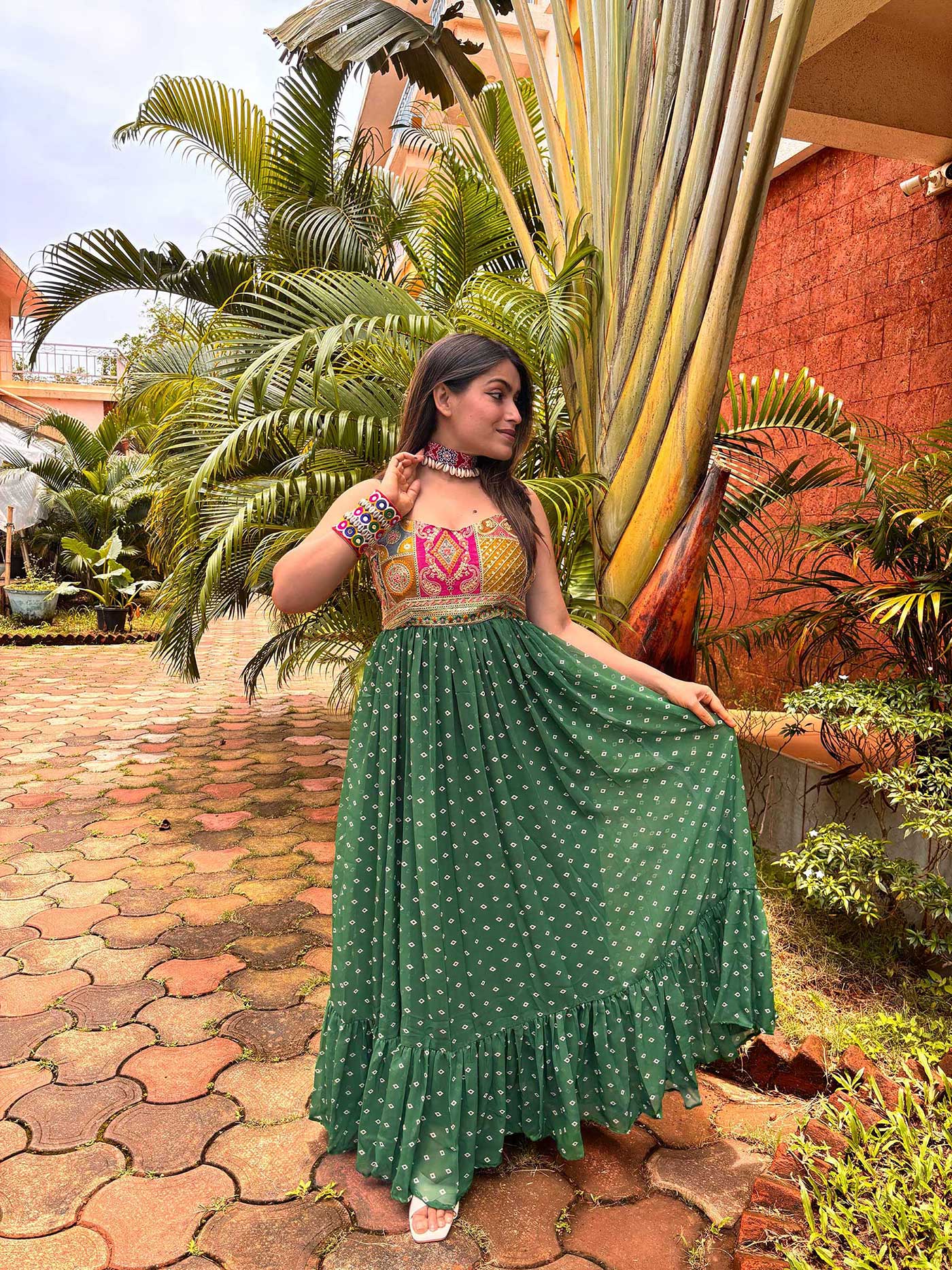 Green Bandhni Maxi Dress