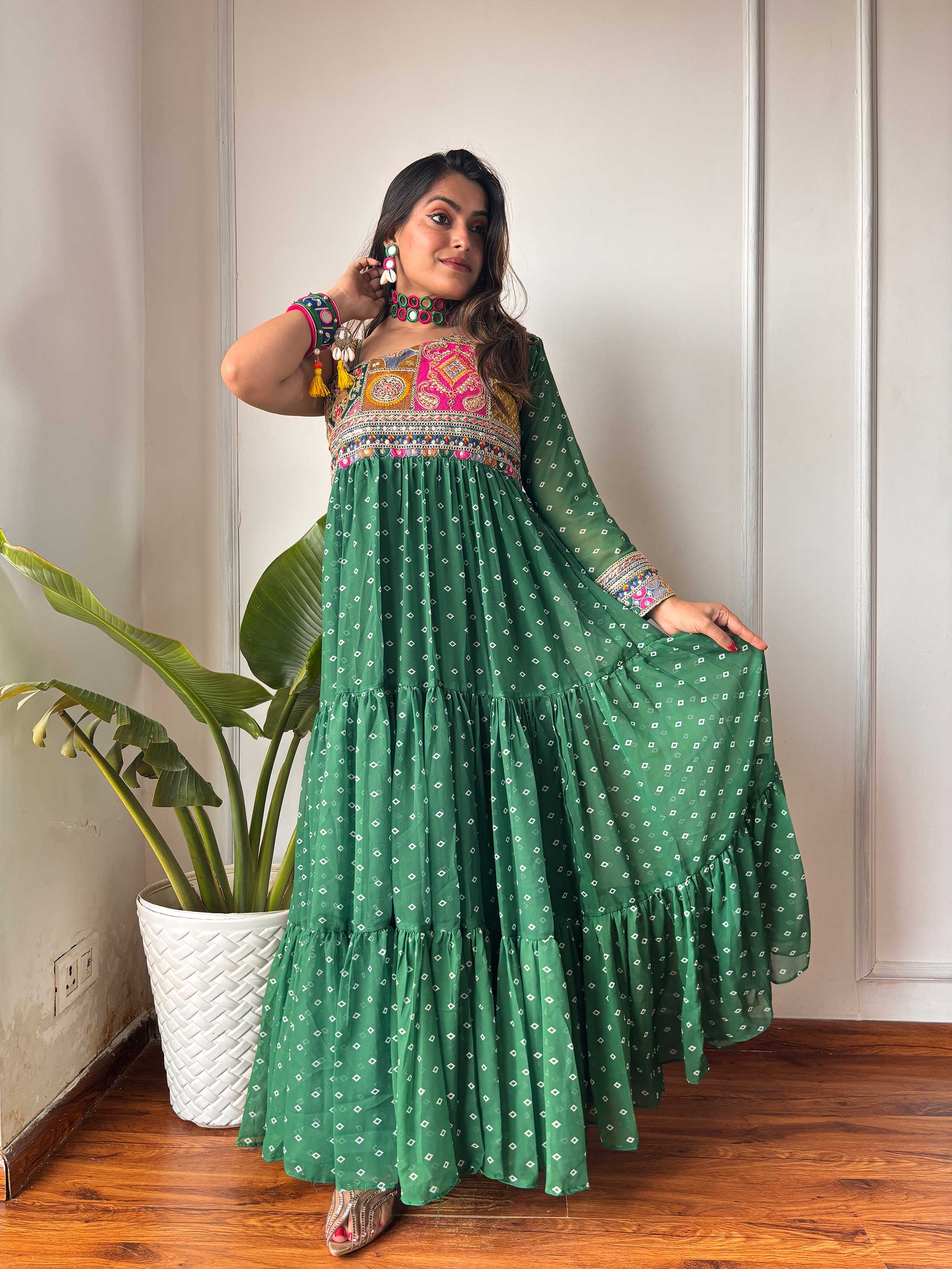 Green One Shoulder Bandhni Maxi Dress