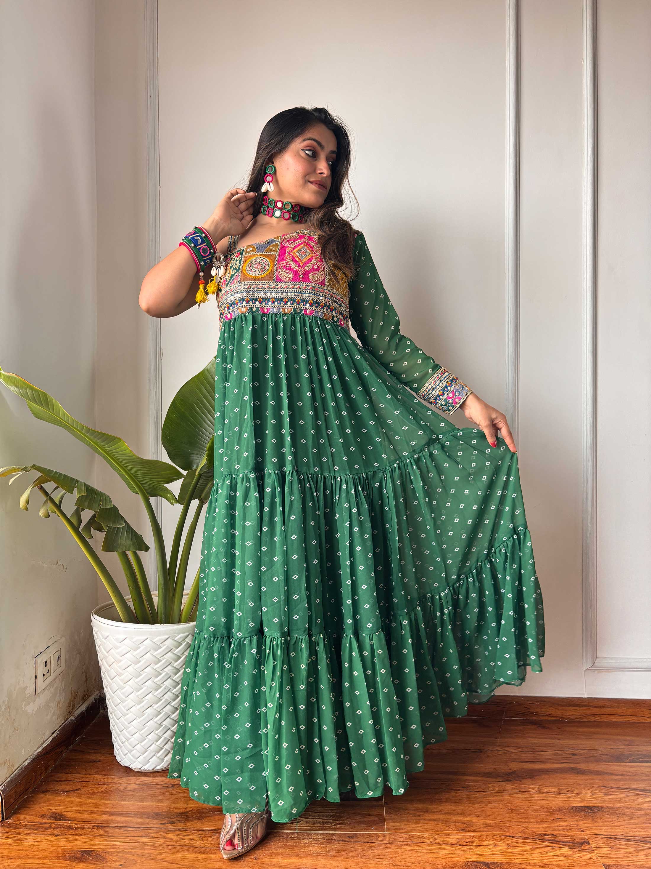 Green One Shoulder Bandhni Maxi Dress