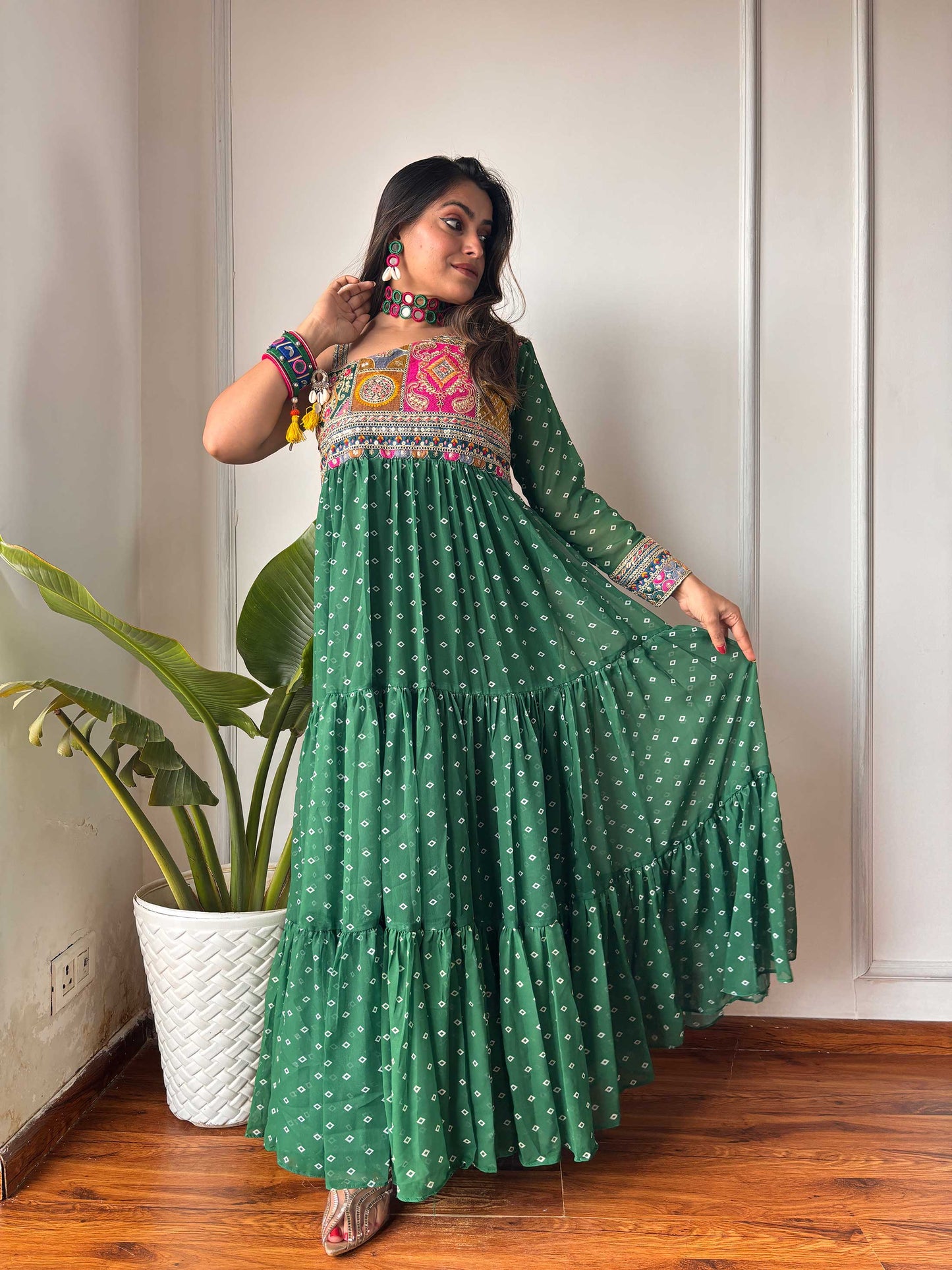 Green One Shoulder Bandhni Maxi Dress