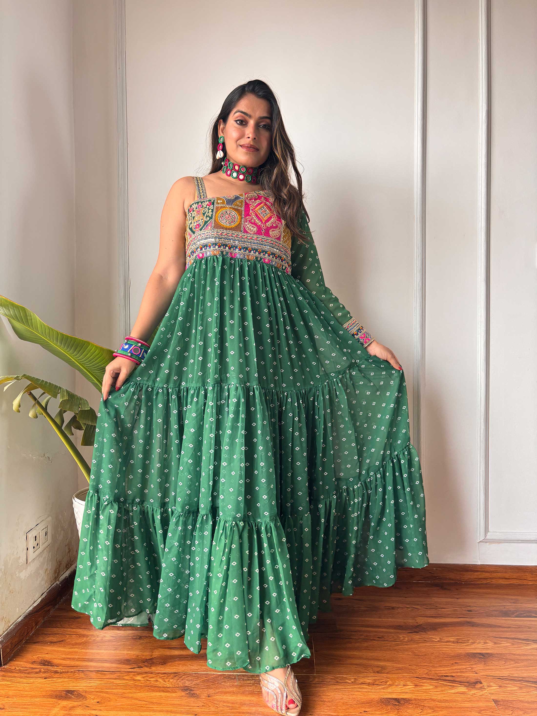 Green One Shoulder Bandhni Maxi Dress