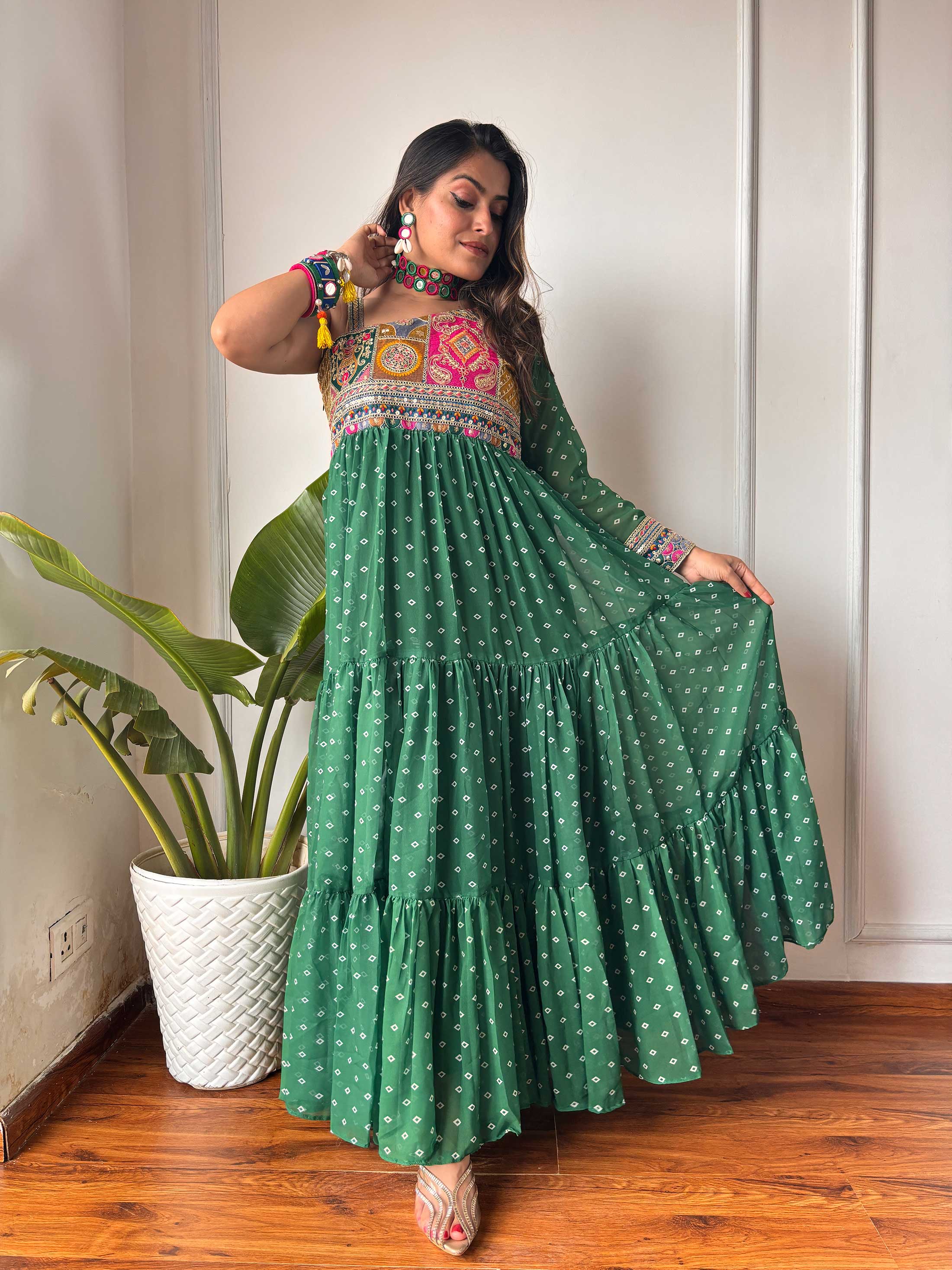 Green One Shoulder Bandhni Maxi Dress