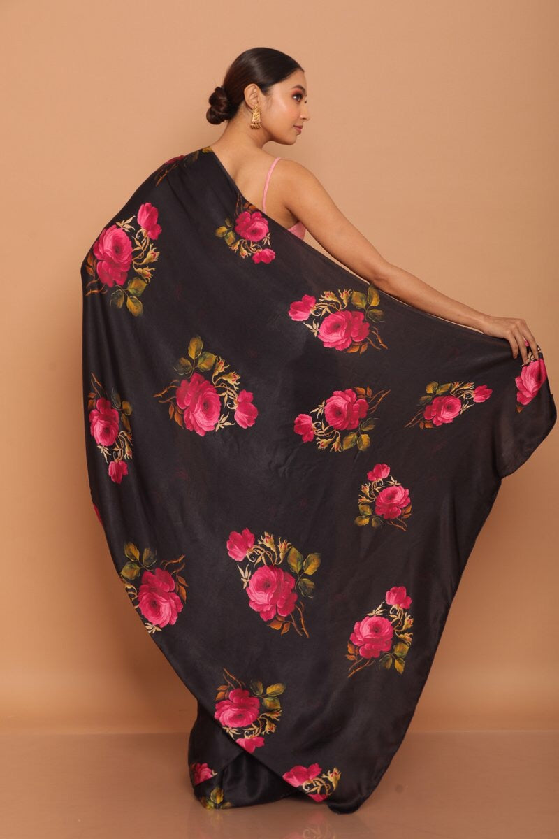 Black Floral printed Satin saree