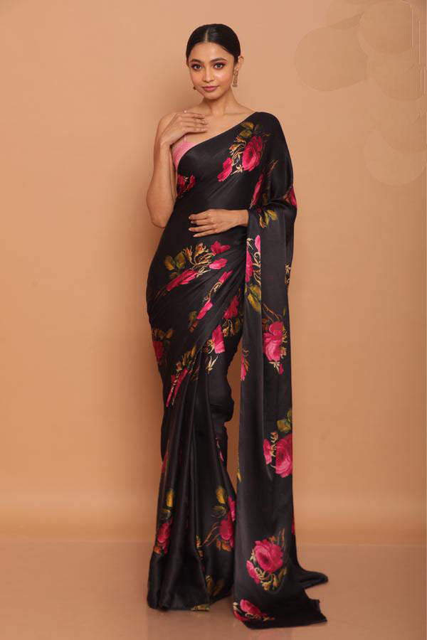 Black Floral printed Satin saree