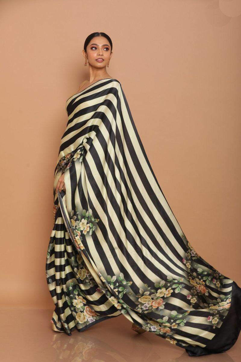 Black & White Printed Satin Saree