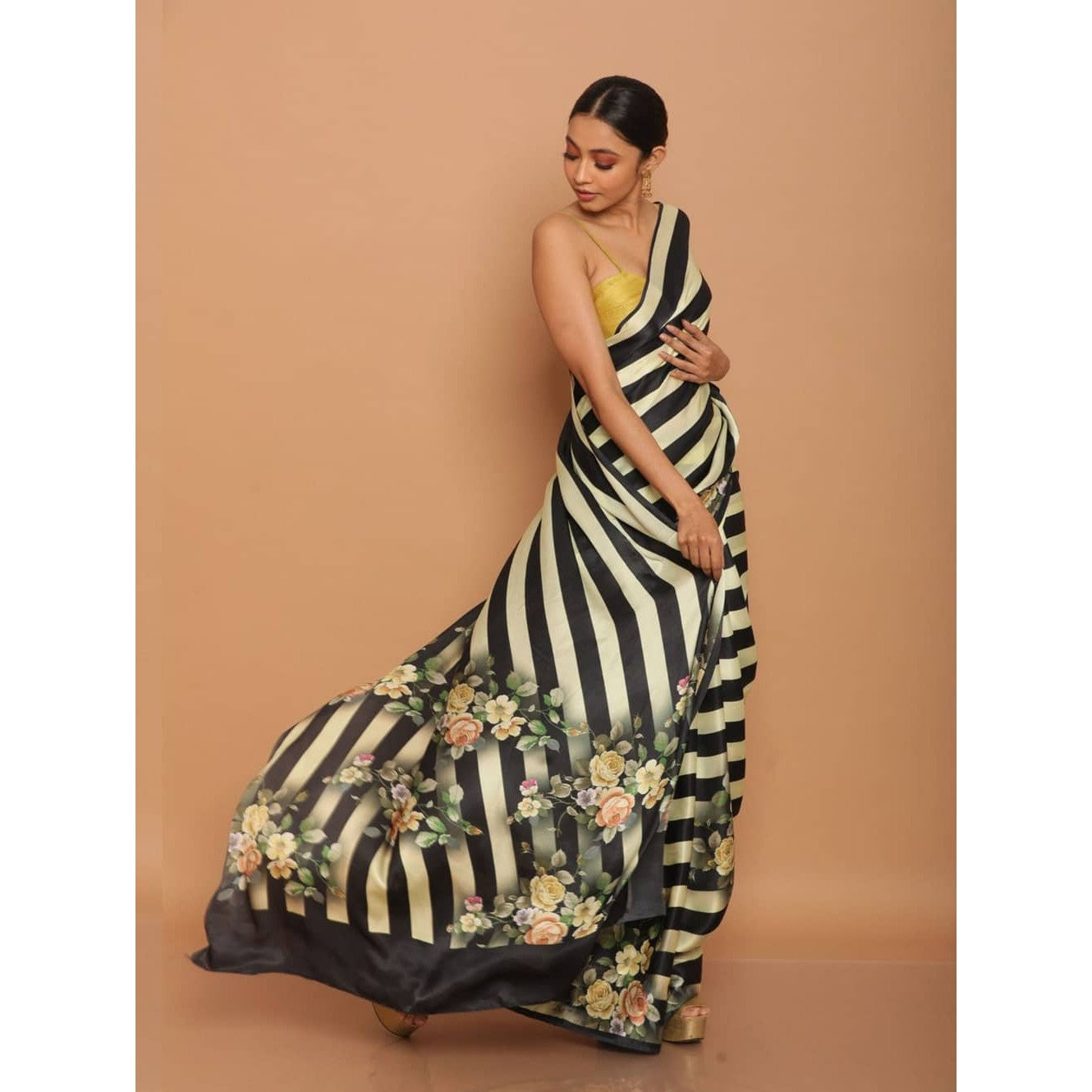 Black & White Printed Satin Saree
