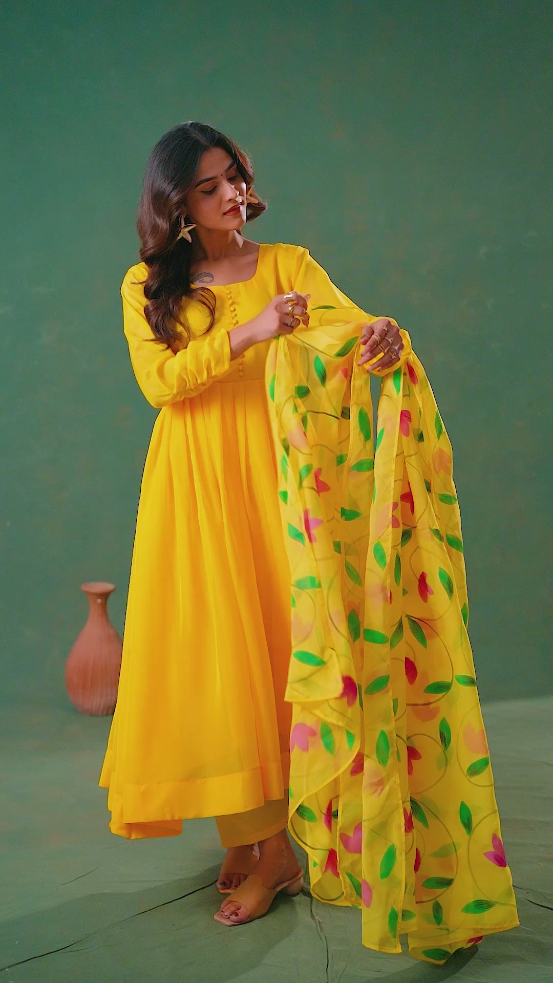Hand-Painted Lemon Yellow Viscose Organza Kurta Set