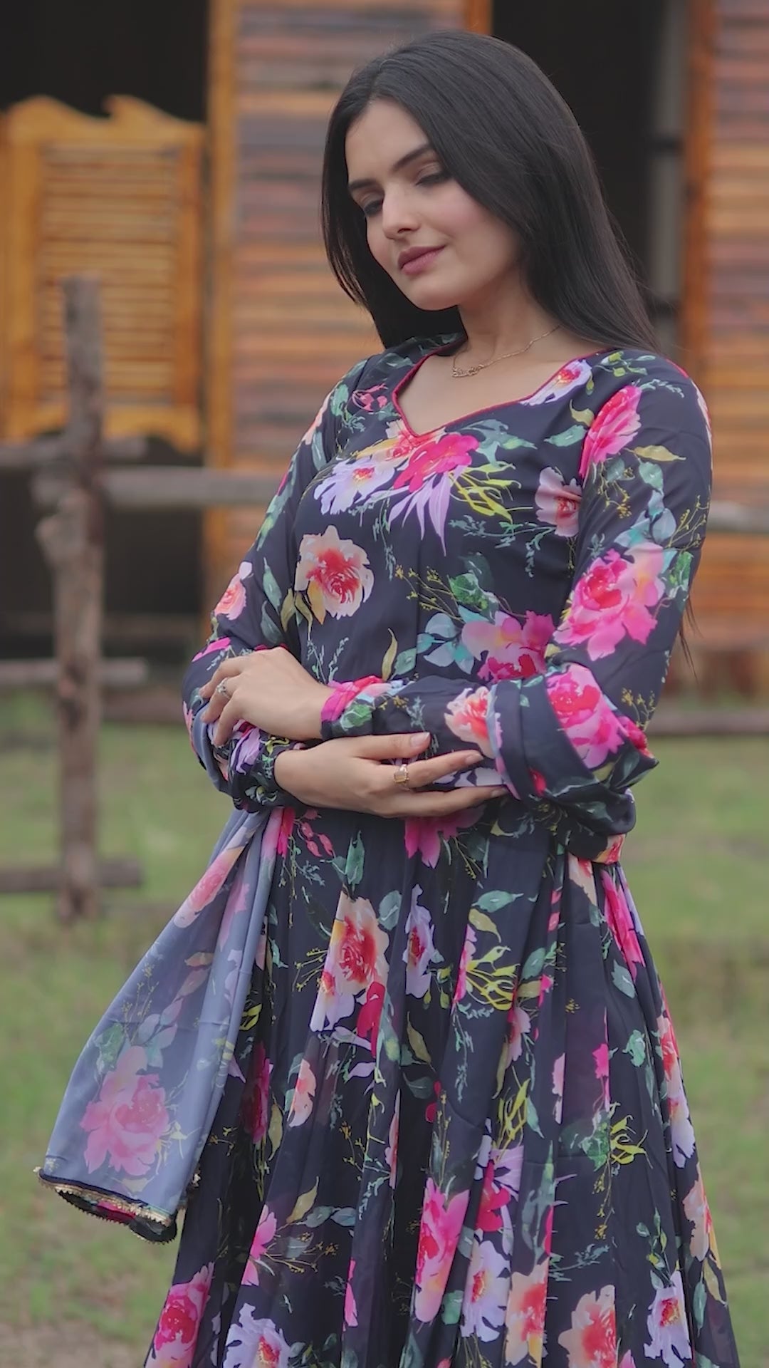 Printed Faux Georgette Gown with Dupatta