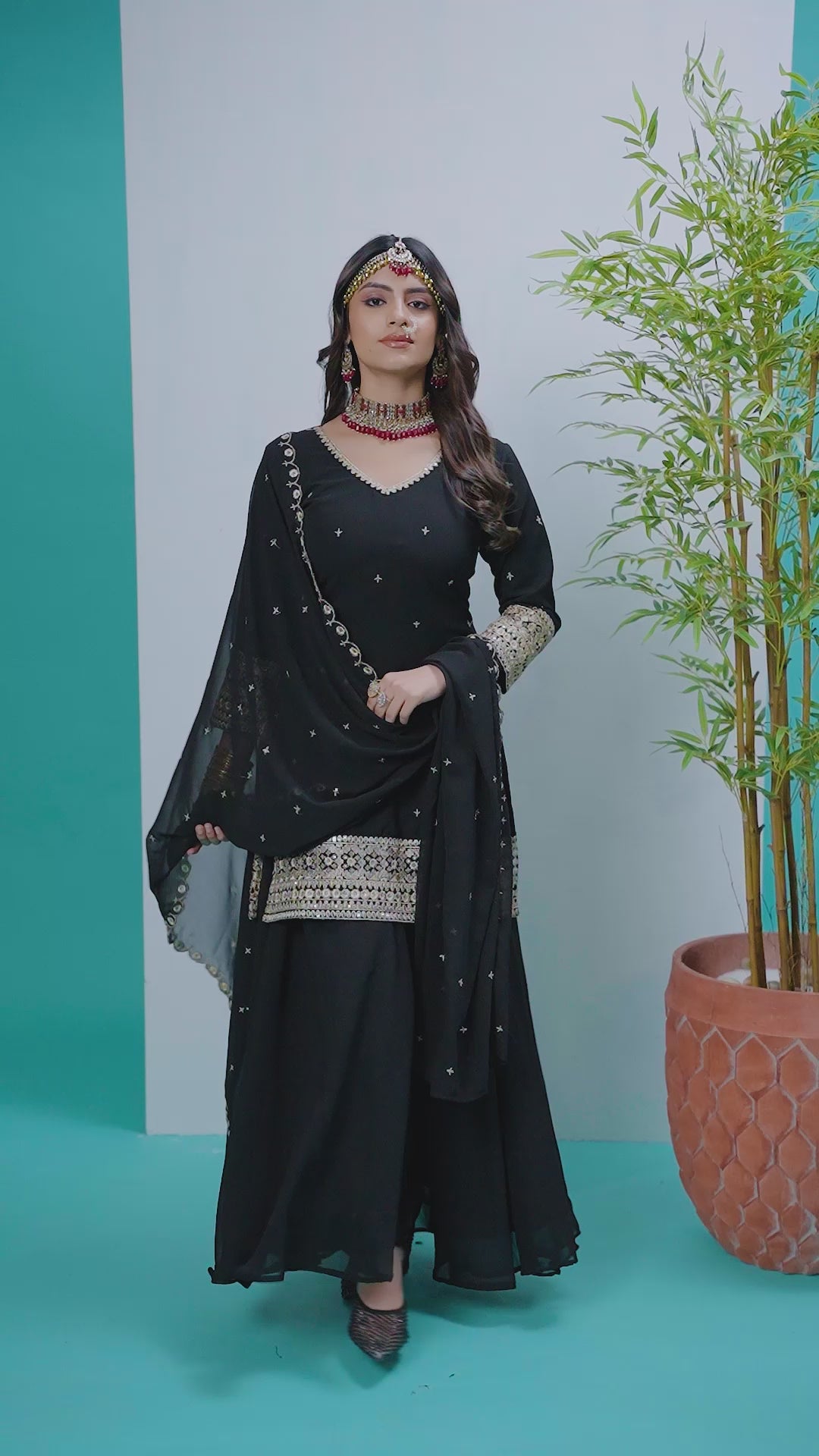 Black Faux Georgette Embroidered Palazzo Set
